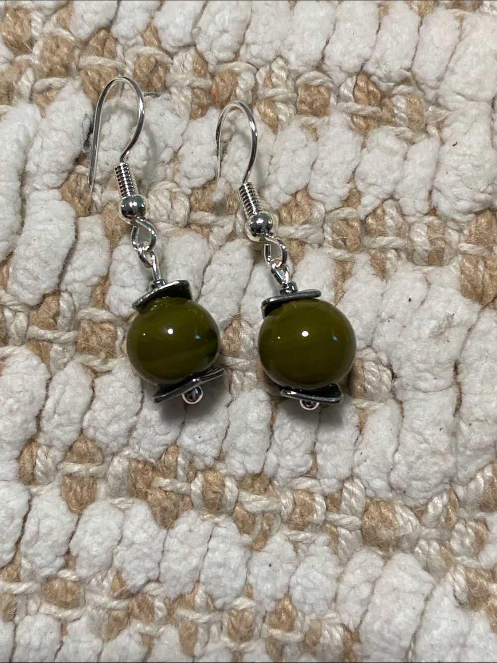 Olive Green Glass Bead Drop Earrings with Silver Accents